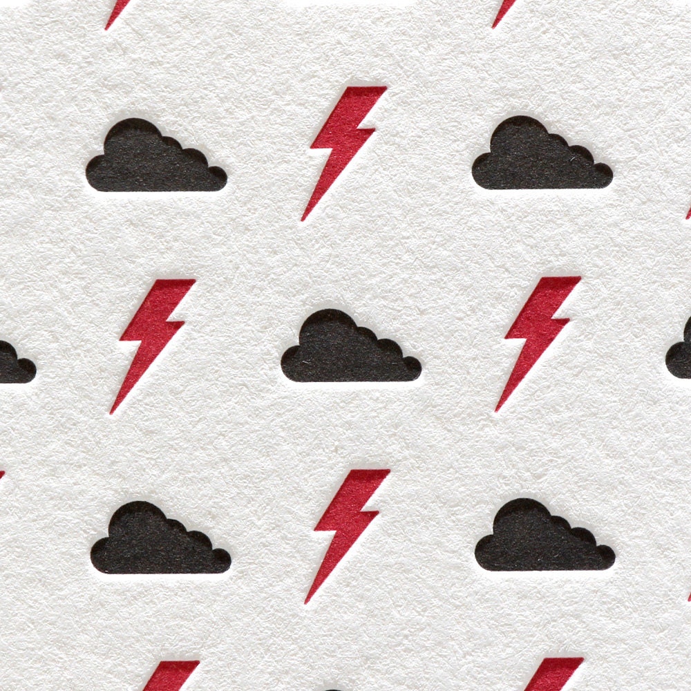 Letterpress Card Bolts and Clouds in Black and Red