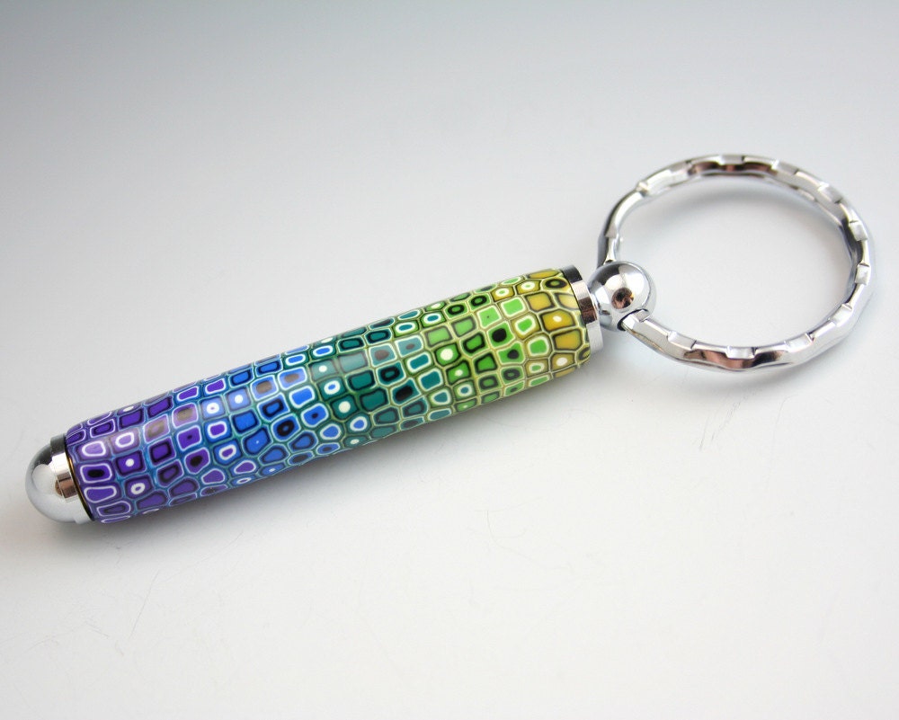 Keychain in Yellow, Green, Blue, Purple Fimo Dot Pattern