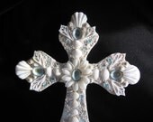 Seaglass Seashell Cross - White Cut and Pectin Scallops and Aqua Limpets