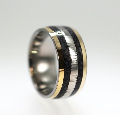 Dinosaur Bone Ring with Damascus and 14K Yellow Gold Inlay - Very Rare and Unique - Signature Series