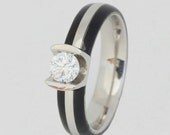 Tension Set Diamond Palladium Ring with African Balckwood Wood Inlay Engraving available