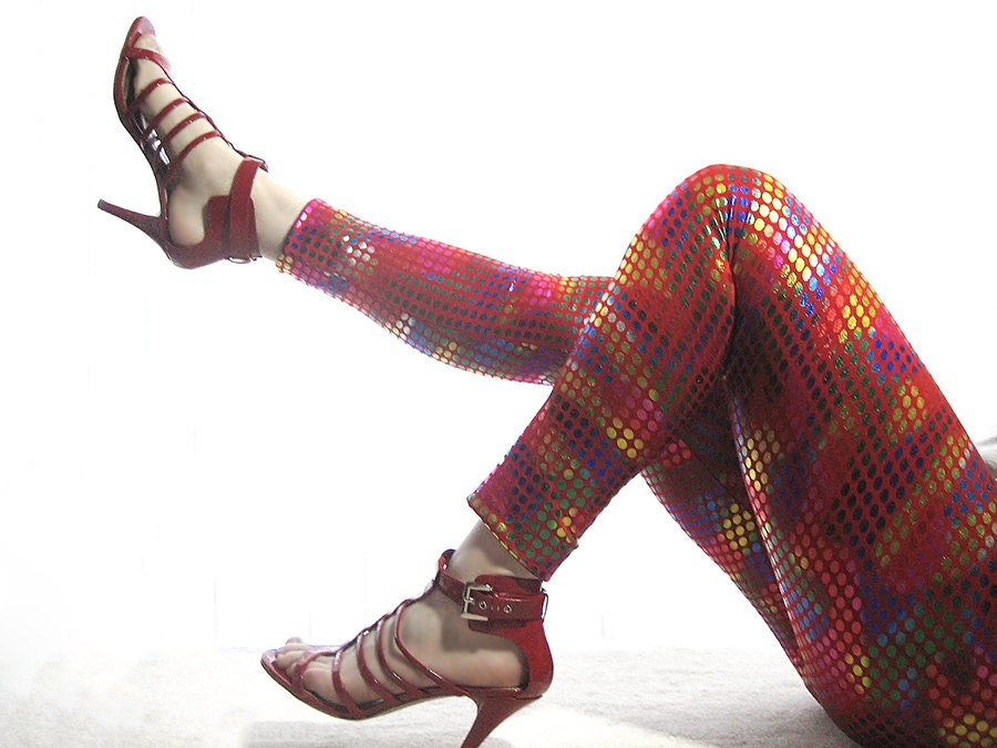 Bright Red Metallic Rainbow Polka Dot Leggings, Size Small, Polyester Stretch Spandex Pants