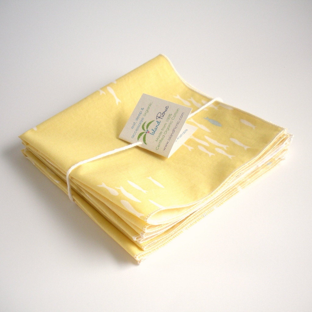Organic Napkins, Eco Friendly Cloth Napkins, Reusable - Yellow Fish, Set of Four