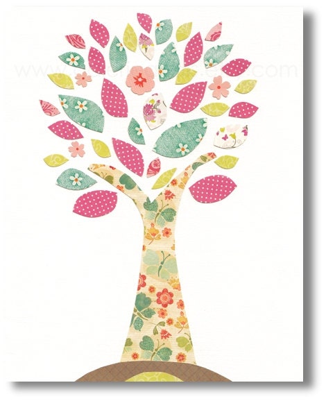 Nursery art prints, baby nursery decor, nursery wall art, personalized, kids tree, pink, blue, girl room, Summer Tree 8x10 print