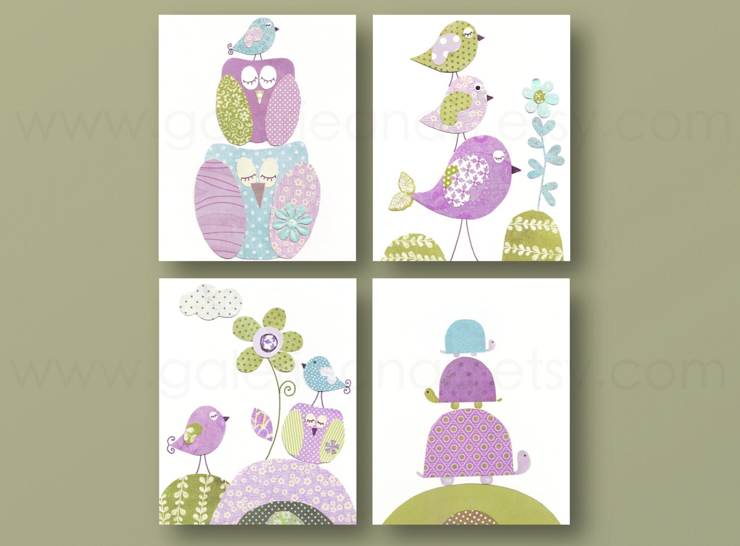 Girl Nursery Art Print, nursery art, baby nursery, kids art, nursery print, purple blue green, turtle , Birds,  Set of 4, 8x10 prints