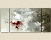 Large triptych abstract expressionism stretched canvas print, 30x60 in neutral tones with red, from abstract painting "Winter Rose"