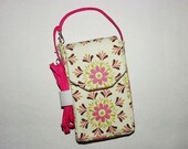 iPhone Smartphone Blackberry Evo Droid Cell Phone iPod Case Mini Purse Vertical Cross Body Strap: Flower Print Off White Pink Green Brown