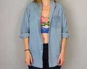 Vintage LANDS END Shirt / Light Blue Button Up Shirt / Boyfriend Shirt
