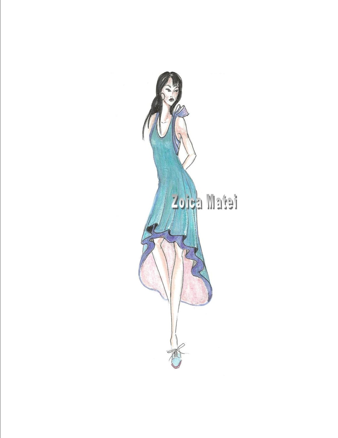 2013 fashion illustration,  high-low fashion print, watercolor print 8.5"x11", original drawing, custom illustration, turquoise dress