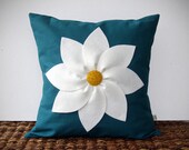White and Yellow Flower PILLOW COVER in Teal Linen by JillianReneDecor Decorative Home Decor (16x16) Gift for Her