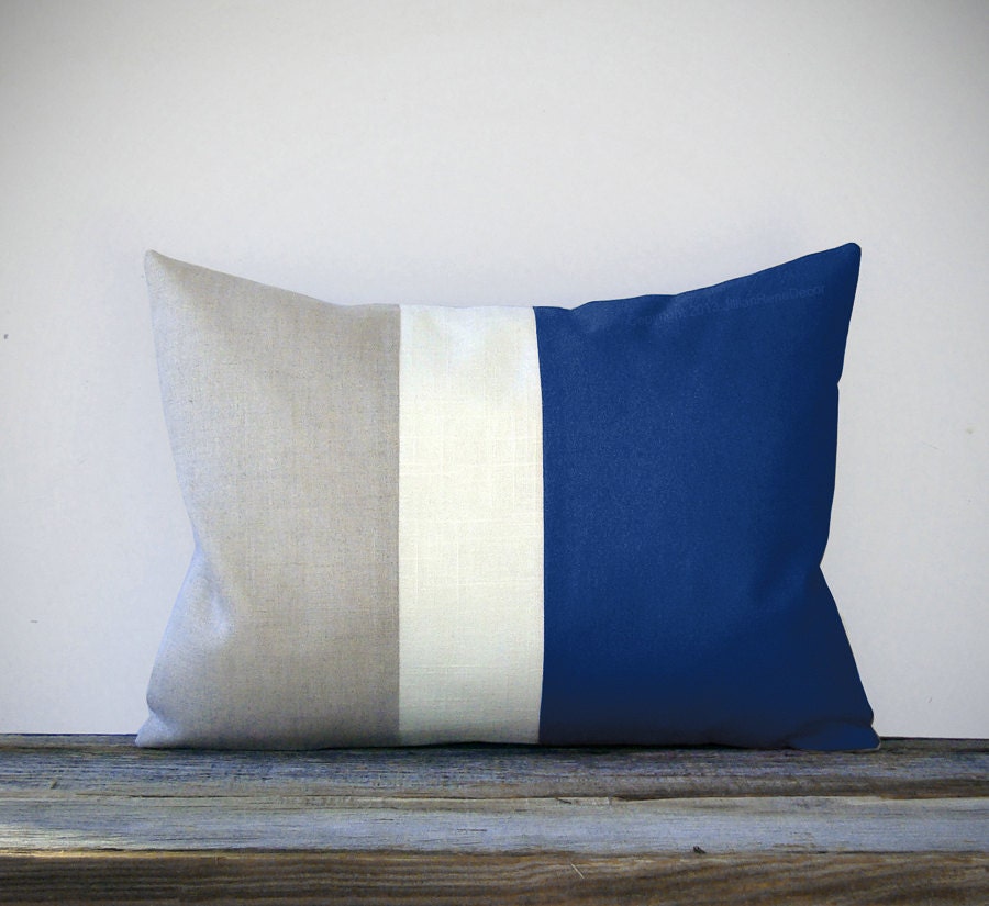 Indigo Blue Color Block Decorative Pillow with Stripes - Cream and Natural Linen by JillianReneDecor Nautical Home Decor - Spring / Summer