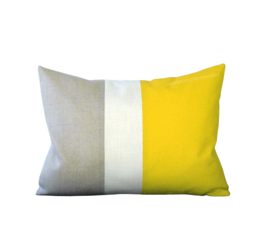 Lemon Linen Color Block Cushion Cover with Cream Stripe by JillianReneDecor - Spring Summer Home Decor - Bright Yellow - JillianReneDecor