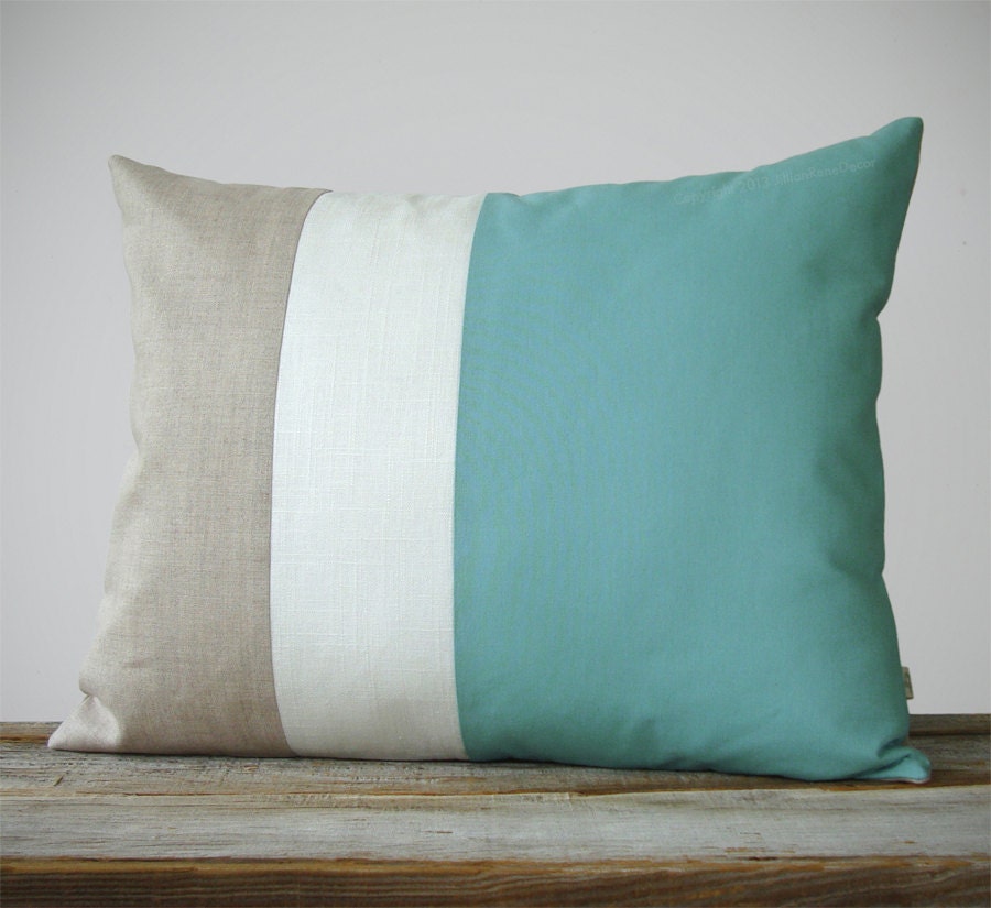16x20 Color Block Pillow in Mint, Cream and Natural Linen by JillianReneDecor Beach House Home Decor - Striped Trio - Grayed Jade - Custom