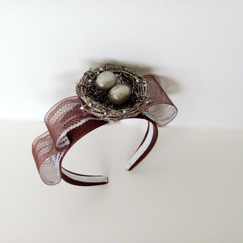 Birds Nest Headband - Head Piece / Chocolate Brown - Silver / Silver Bird Eggs / Satin - Organdy - Metallic Trim