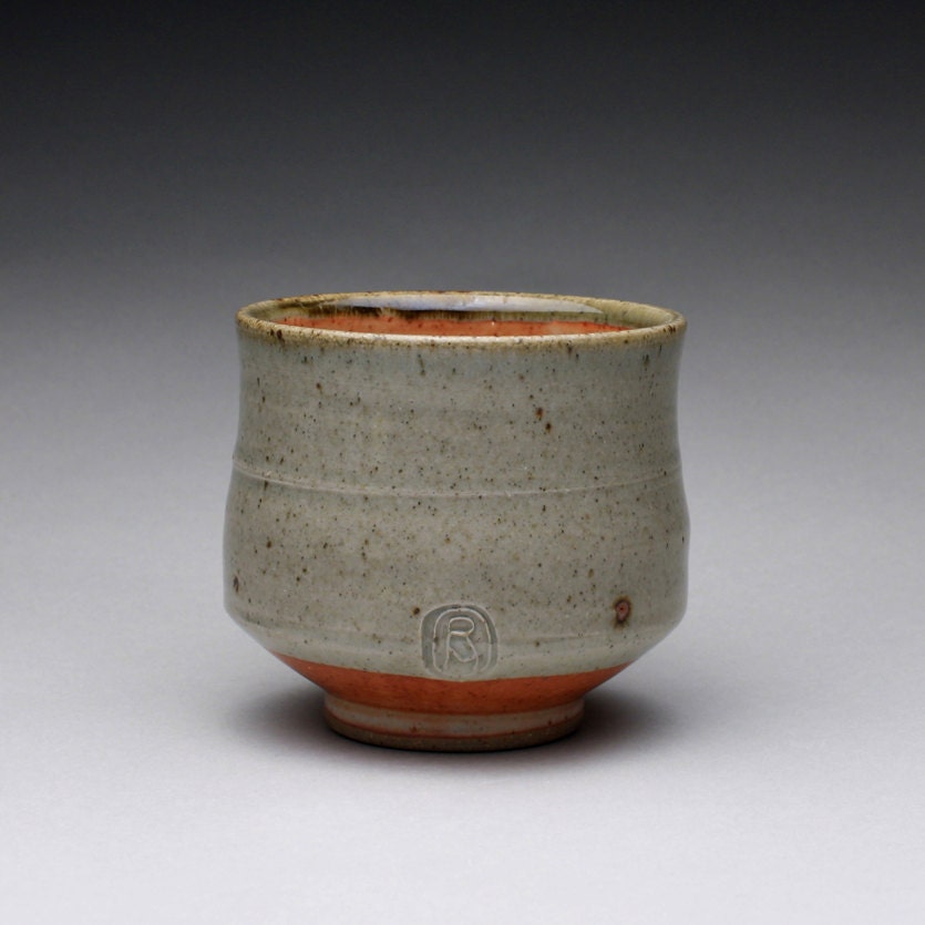 handmade teacup, yunomi, cup with green celadon and orange shino glazes