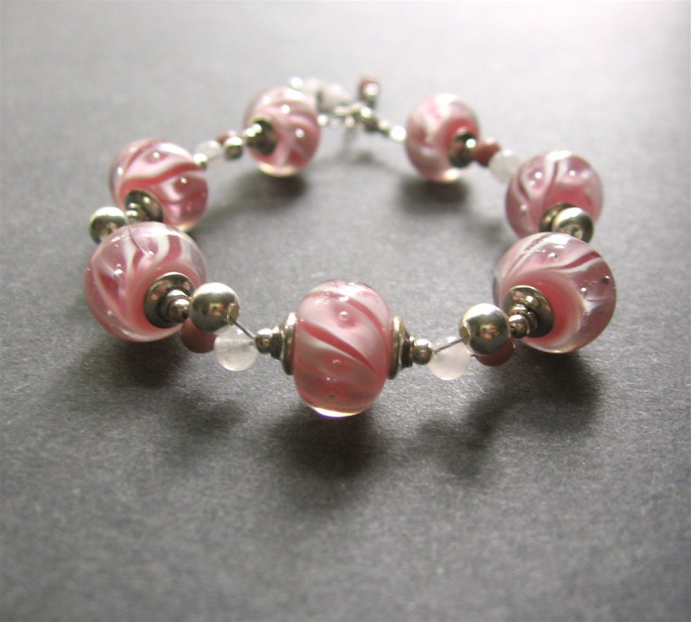 Pink Lampwork Glass, Rhodonite, Quartz and Sterling Silver Beaded Bracelet - In the Pink
