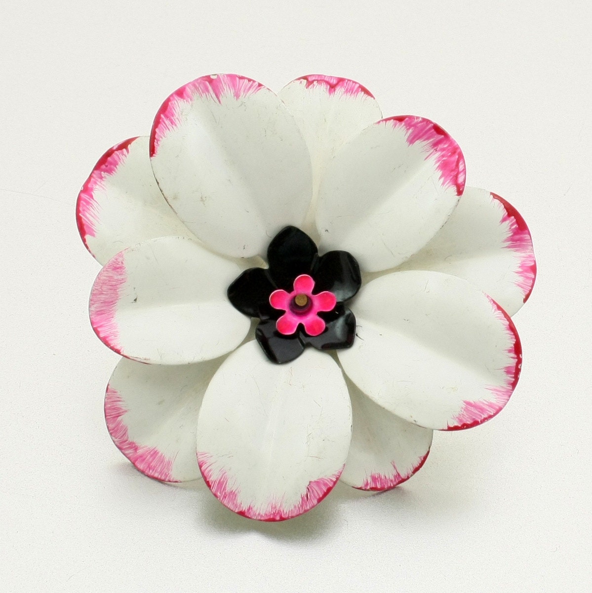 Vintage Enamel Flower Brooch, White, Pink, 1960s Large Flower Pin
