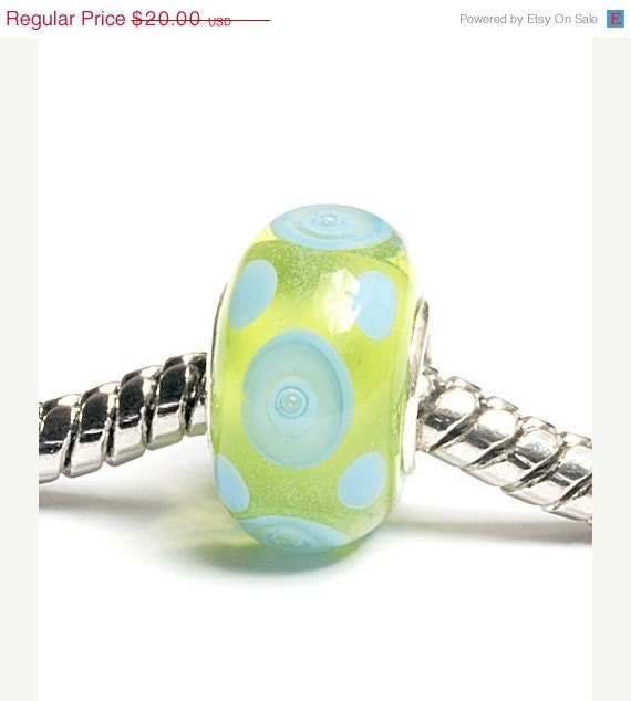 ON SALE 30% OFF Glass Lampwork Beads  - Large Hole Green w/Light Blue Dots Rondelle Bead  - SC10074