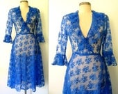 1970s Lace Dress // Sheer Lace Dress // Cobalt Lace