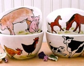 Custom Farm Animal, Barn Bowl - HandMade Painted Personalized Americana Folk Art Chicken, Horse, Cow, Pig Farmhouse Bowl - Soup, Salad size