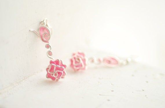 Rose Flower Earrings, Pale Pink, Delicate Artisan Jewelry, Paper Wearable Art...