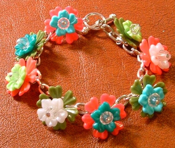 DIY BEAD Kit Vintage 1970's Flower Swarovski Acrylic and RESIN Charm Bracelet Sterling Silver