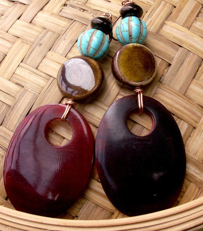 African Lady Tribal Turquoise & Ceramic Earrings - Bohemian Earrings - Resin Earrings - stoneandbone