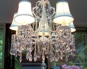 Vintage Beach Cottage Crystal Chandelier with Aqua Silk Shades
