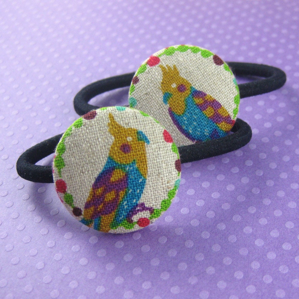 Bird Ponytail Holders - Cockatiel Ponytail Holders - Cockatiel Fabric Covered Buttons