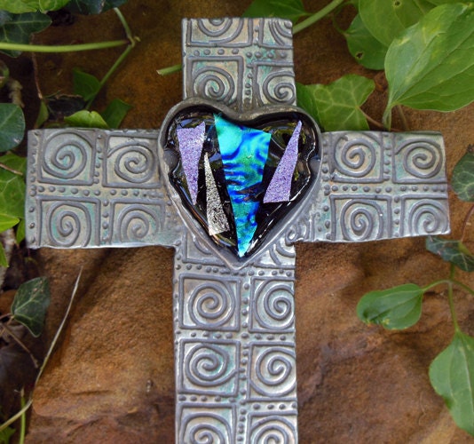 Wall Cross - Cobalt & Purple Swirl Heart Cross