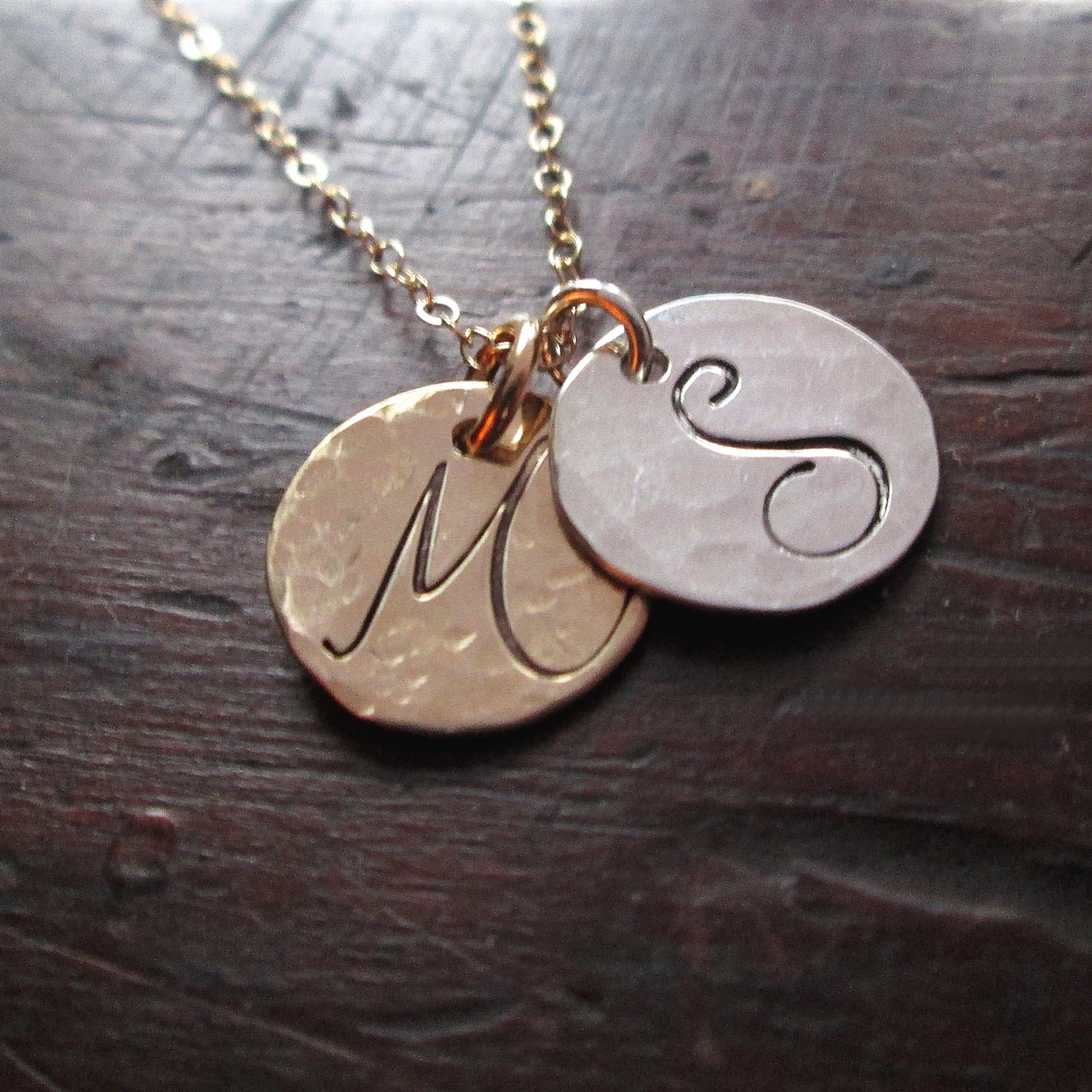 Initials Necklace - 14 kt Solid Gold and Sterling Silver Necklace - Personalized Necklace - Fine Jewelry - Gold Hand stamped Necklace