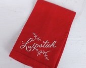 Memorial Day Sale Vintage lipstick towel blotter red with white embroidery