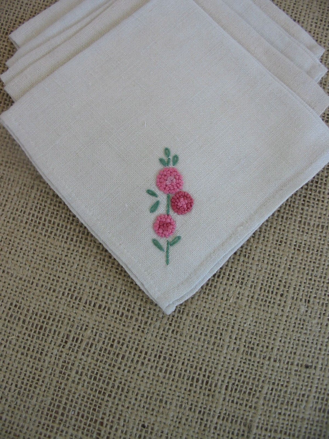 Vintage Linen Cloth Fabric Napkins Flowers Pink