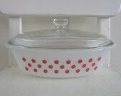 Vintage Pyrex Glasbake Casserole Dish Red Polka Dot Serving Glass