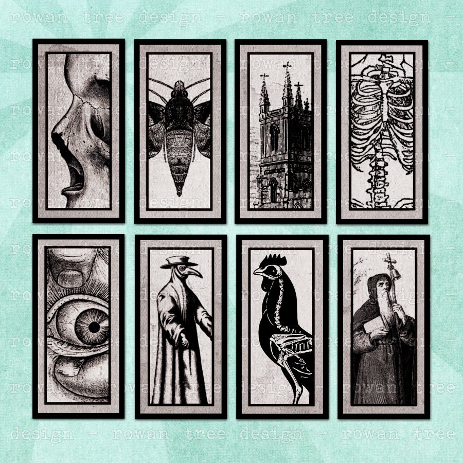 MEMENTO MORI Digital Collage Sheet 1x2in Goth Morbid Skull Raven - no. 0205
