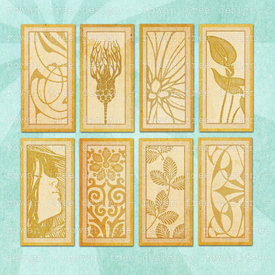 Digital Collage Sheet ECRU ART NOUVEAU 1x2in Domino Tile Abstract Ornamental - no. 0199