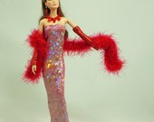 OOAK Red and Silver Sparkly Barbie Evening Dress with Sequined Shawl, Crochet Boa, Belt, Wristlets, and Jewelry