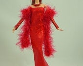 OOAK Red Sparkly Barbie Evening Dress with matching Belt, Shaw, Crochet Boa, Jacket, Wristlets,and Jewelry