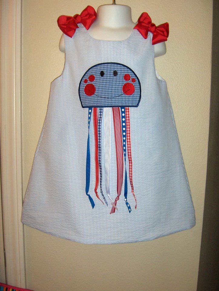 Custom made boutique appliqued monogrammed embroidered Octopus a line dress jumper or jon jon shortalls