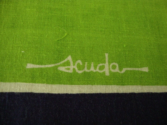 Vintage cloth napkins, Scuda, eco friendly, lime green and navy blue, set of 3 three
