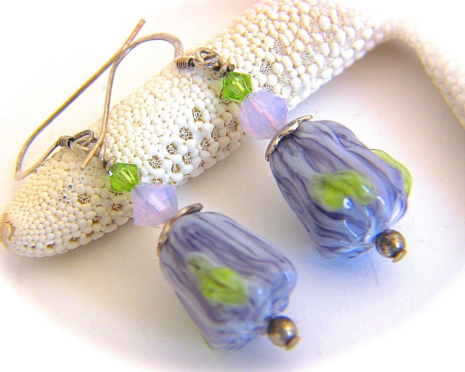 Lavender Floral Earrings Handmade Artisan Bead, Purple Flower Earrings, Lilac Roses