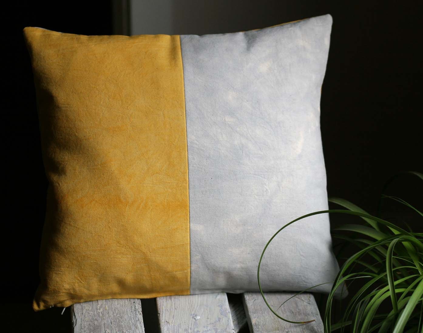 Color Block Pillow / Hand Dyed mustard and Grey