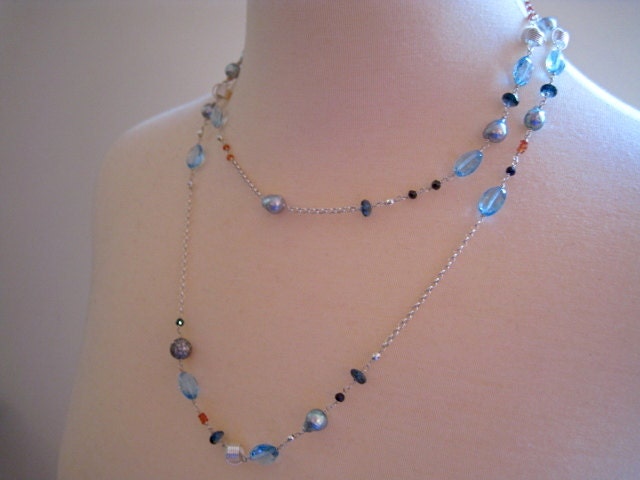 Gemstone Layering Necklace-Blue Topaz, Sapphire, Sterling Silver-Long Necklace-Nereid