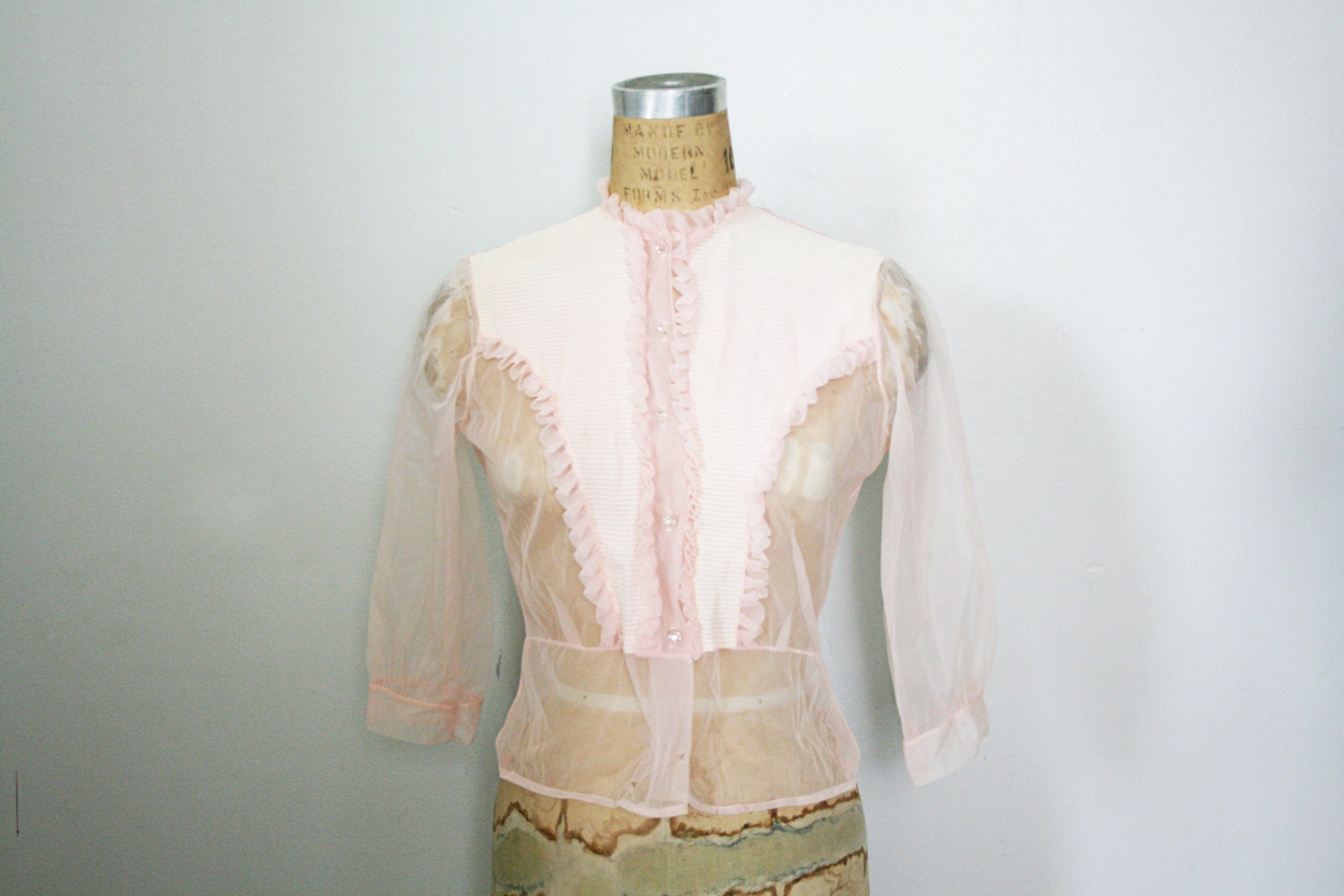 vintage 50s Palest Pink Ribbed and Ruffled Front Button Down Ladies Blouse