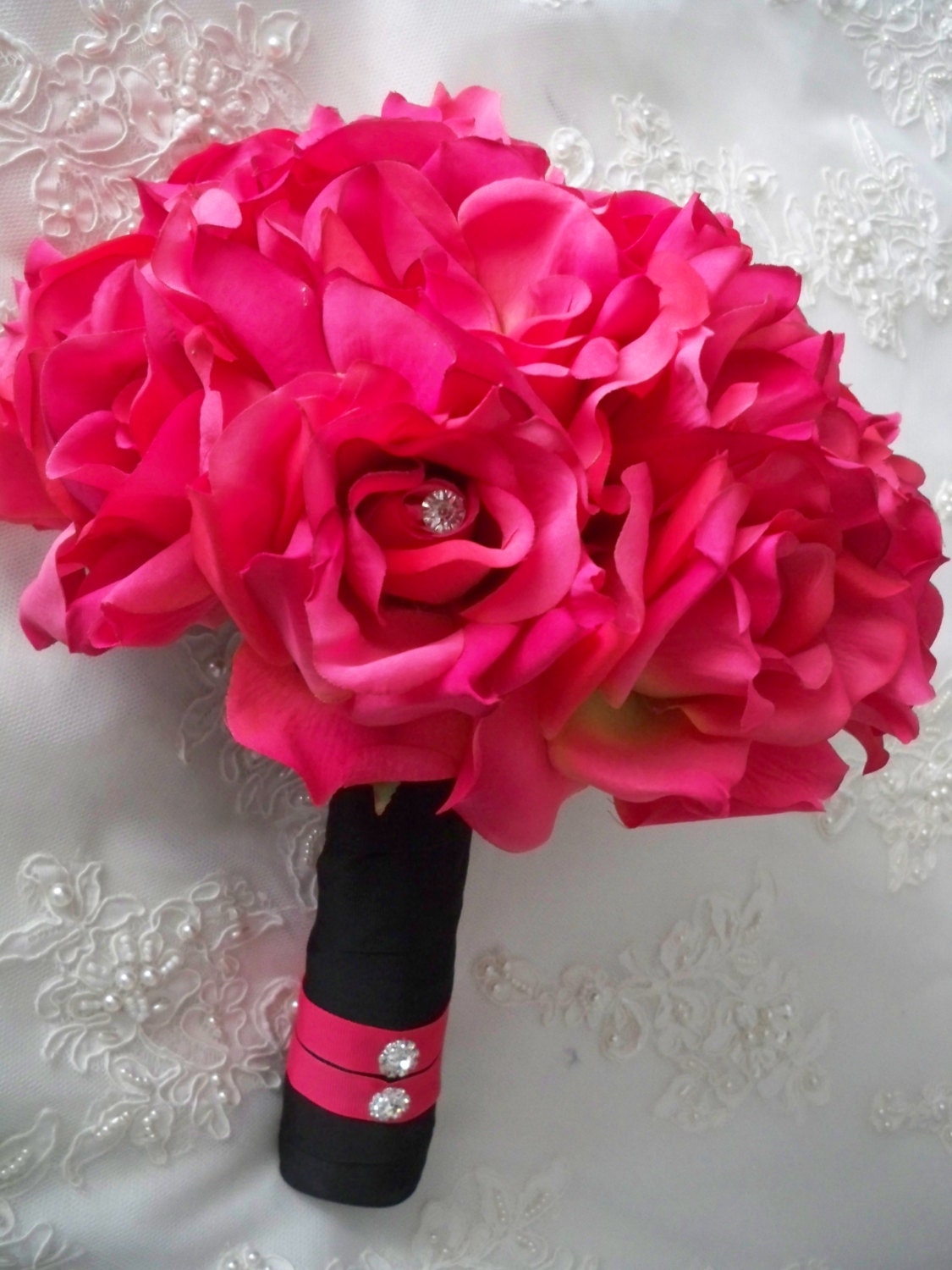 Silk Wedding Bouquet of Hot Pink Florals Wrapped in Black Bridal and Bridesmaids Bouquet Set