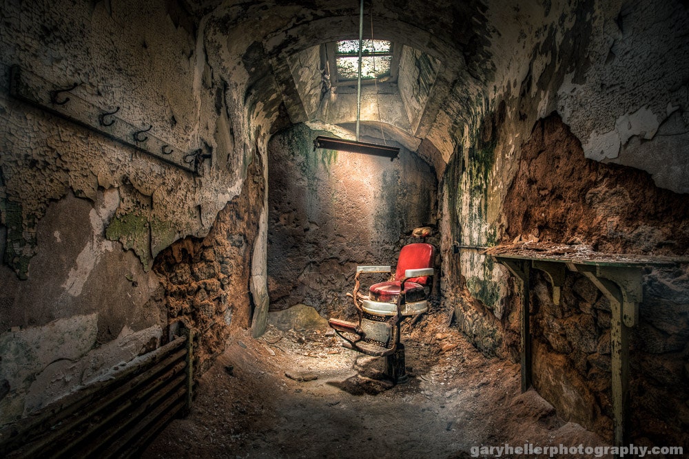 A Barber's Chair in a Cell at the Historic Ruins of Eastern State Penitentiary, Sweeney Todd Demon Barber, Fine Art Color Photography Print