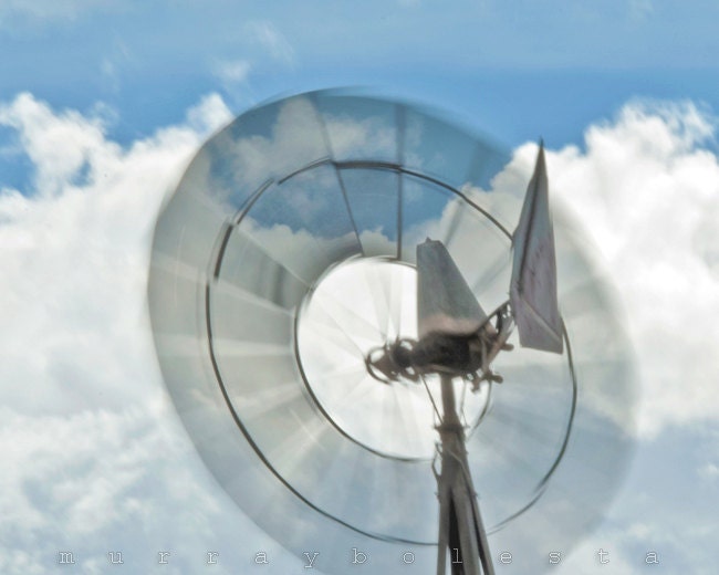 Windy, Stormy, Windmill, Southwest USA, Photograph, Ranch, Blue Sky, 8x10