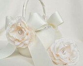 Ivory Flower Girl Basket with Flower Girl Hair Clip - Ivory Satin Flower Girl Basket