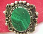 Old Huge Sterling Silver Mexico Malachite Stone Ring Heavy almost 17 gms Size 7 1/2