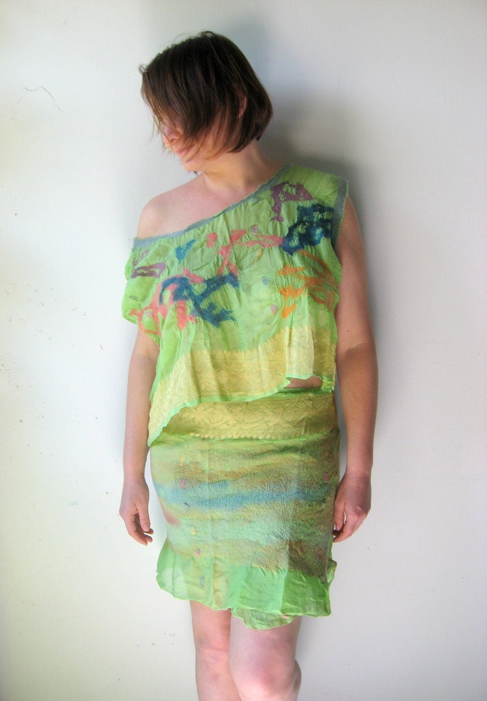 Nuno Felted Pure Silk Top with Reversible Wrap Skirt -  Neon Apple Green